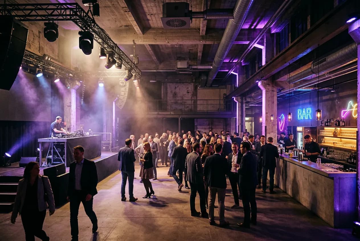 Modern club venue in Berlin set up for a corporate party with DJ booth and lighting