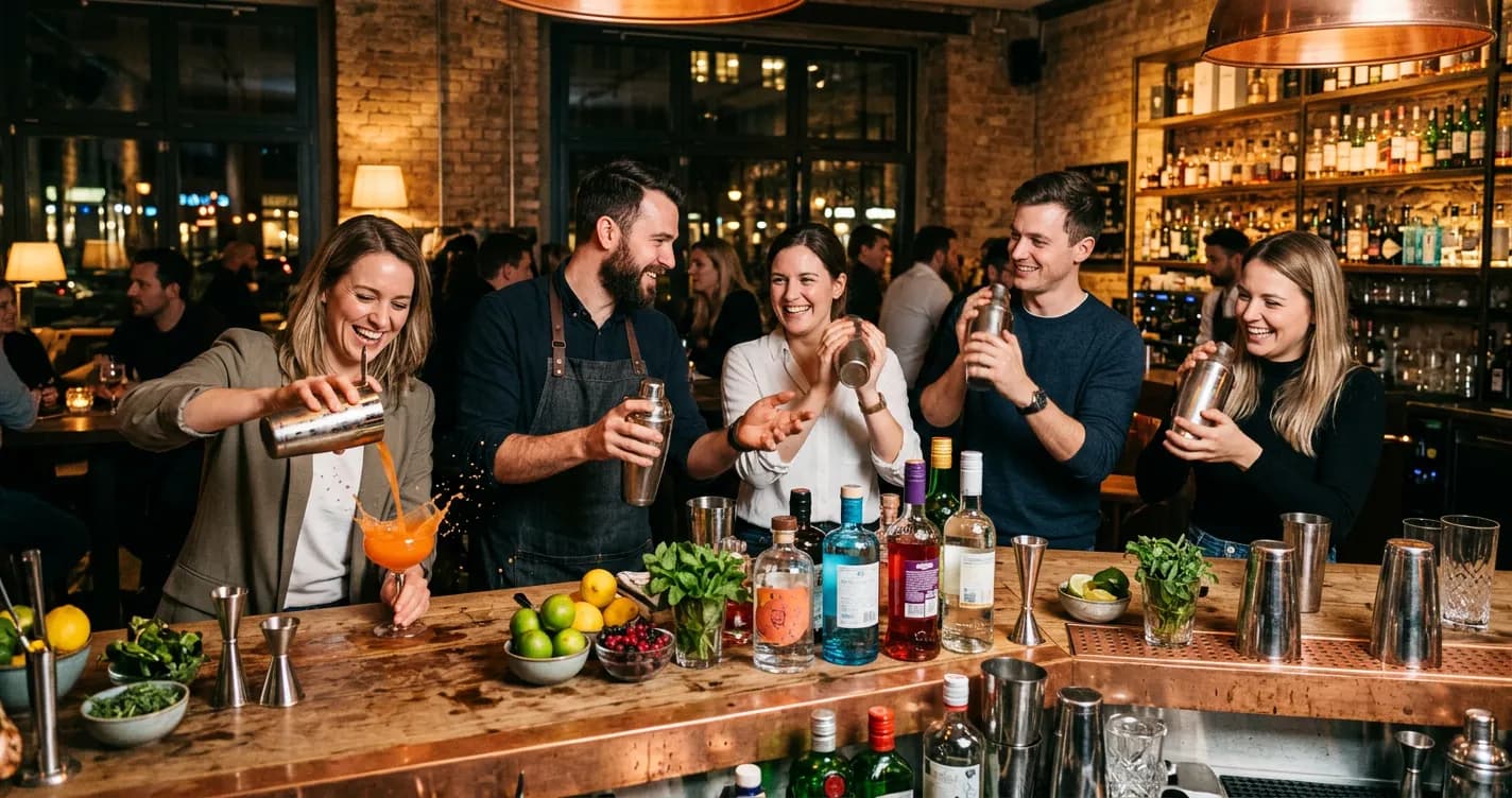 Corporate team learning cocktail mixing at a workshop bar in Berlin