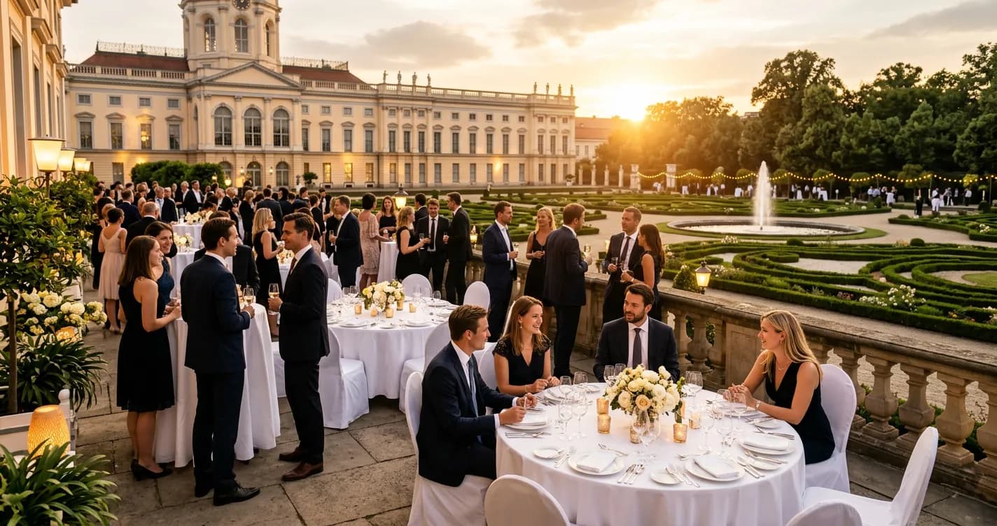 Company event venue in Berlin's Charlottenburg district with team gathering outdoors