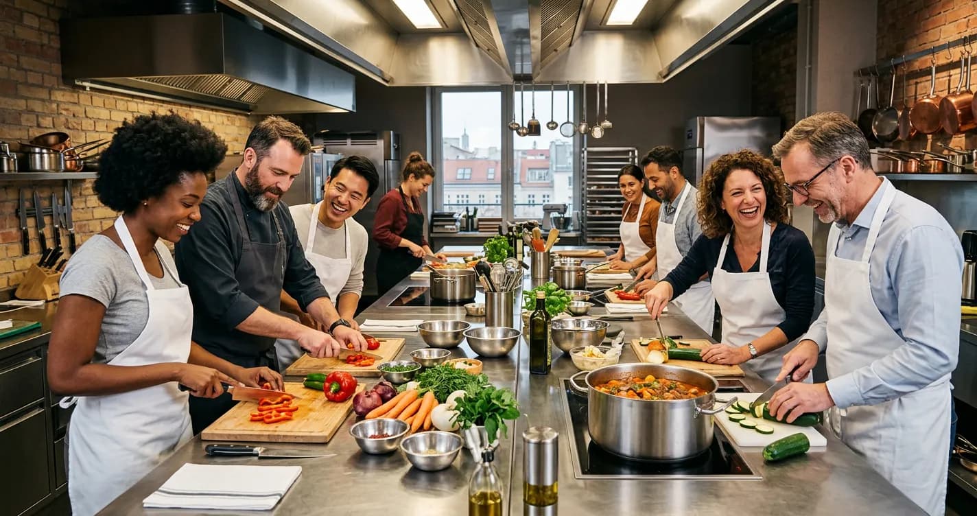 Team cooking class in a professional Berlin kitchen with colleagues preparing food together