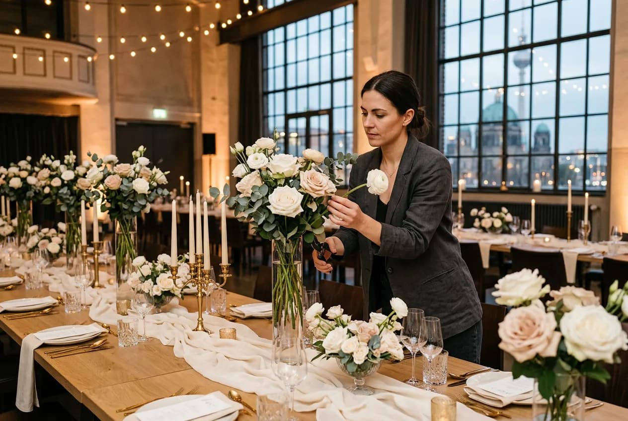 Event stylist arranging floral decorations at a corporate venue in Berlin