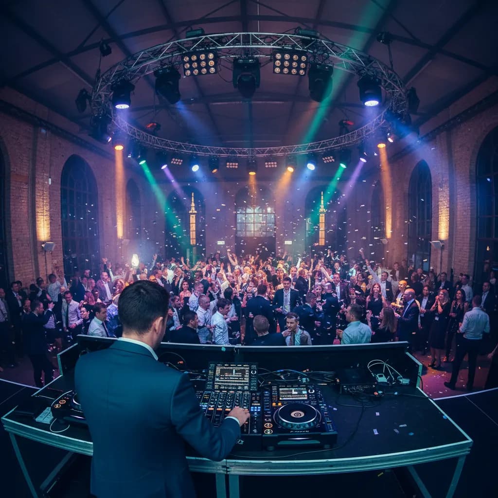 DJ performing at a corporate event in Berlin with professional lighting and dance floor