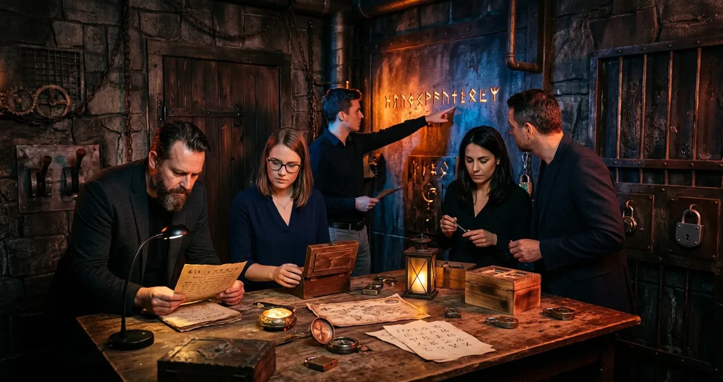 Corporate team solving puzzles together in a themed escape room in Berlin