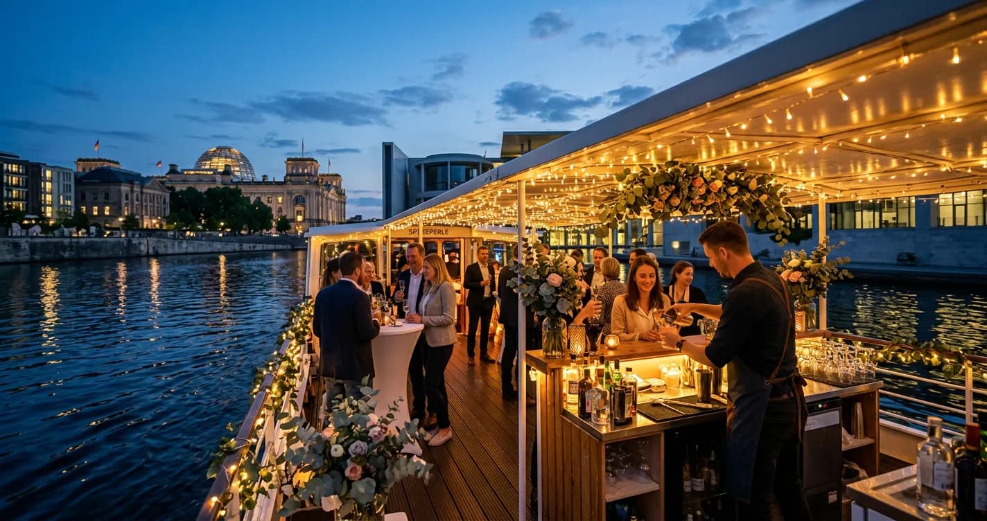 Private event boat on the River Spree in Berlin decorated for a corporate charter event