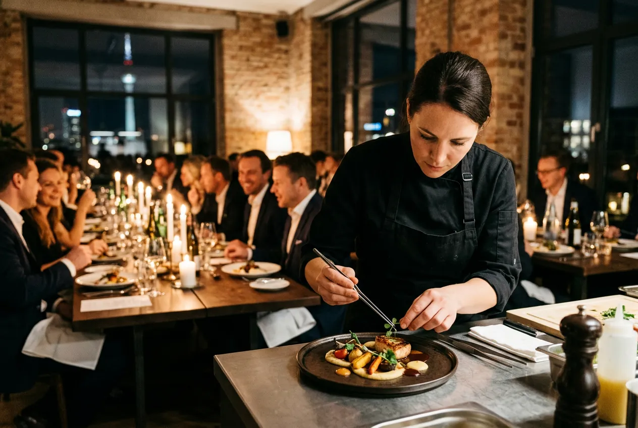 Private chef plating a gourmet dish at an exclusive corporate dinner in Berlin