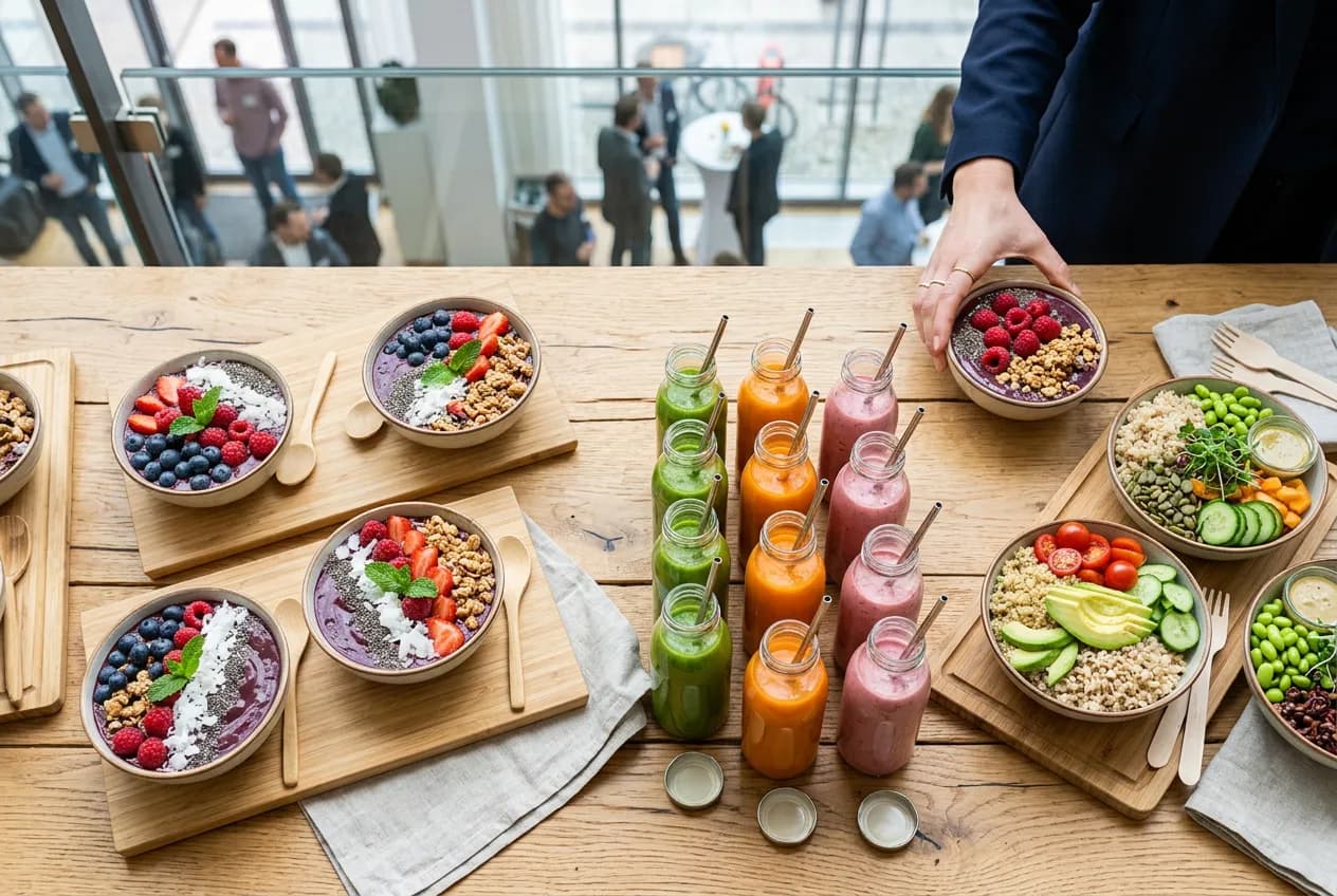 Healthy acai and grain bowls at a corporate team event catering station in Berlin