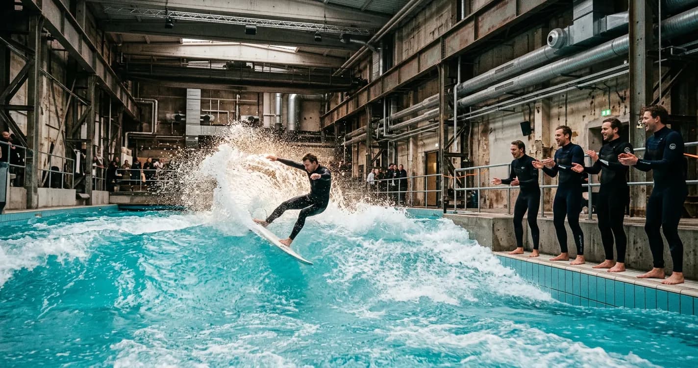 Corporate team watching a colleague surf an indoor wave at Wellenwerk Berlin