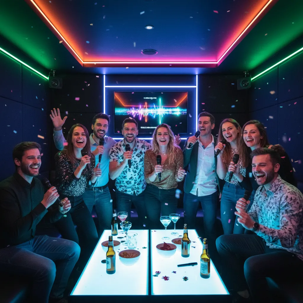 Team singing karaoke in a private room with colorful lights at a Berlin venue