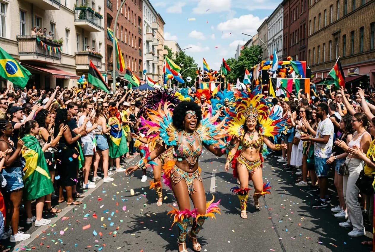 Colorful Karneval der Kulturen parade in Berlin Kreuzberg with diverse performers