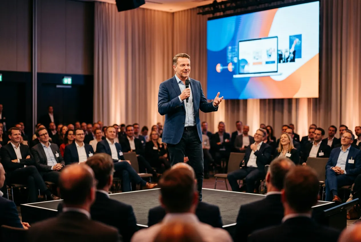 Professional event moderator speaking on stage at a corporate conference in Berlin