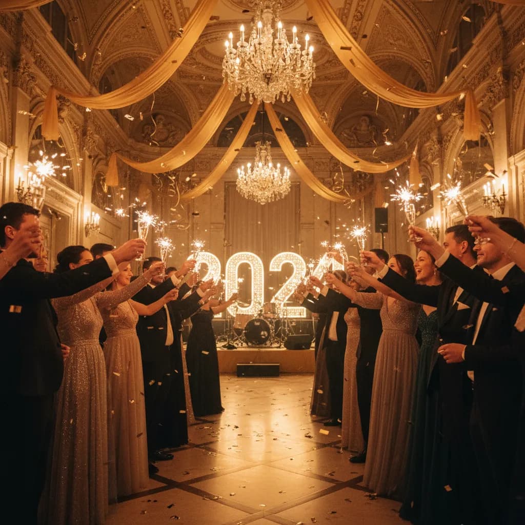 New Year celebration at an elegant Berlin event venue with champagne and sparklers