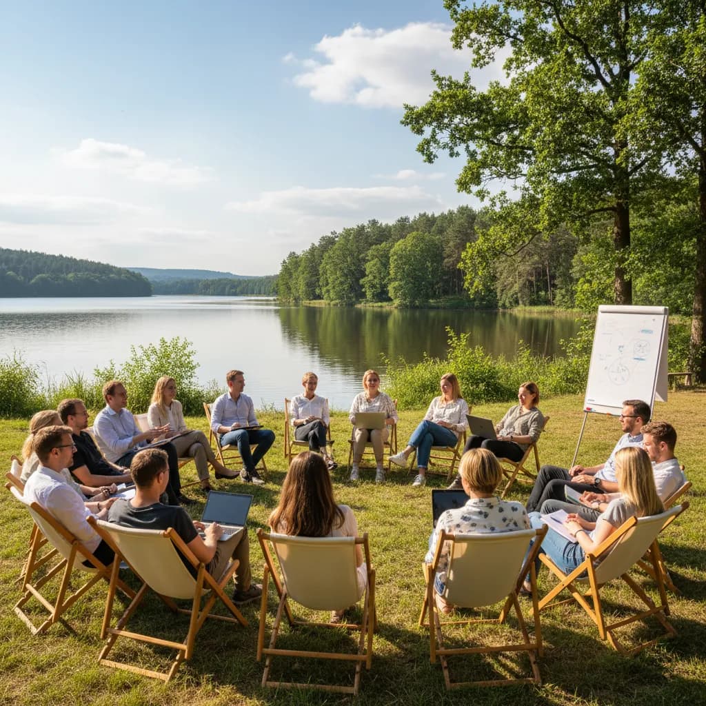 Team retreat at a lakeside venue near Berlin with outdoor group discussion in nature
