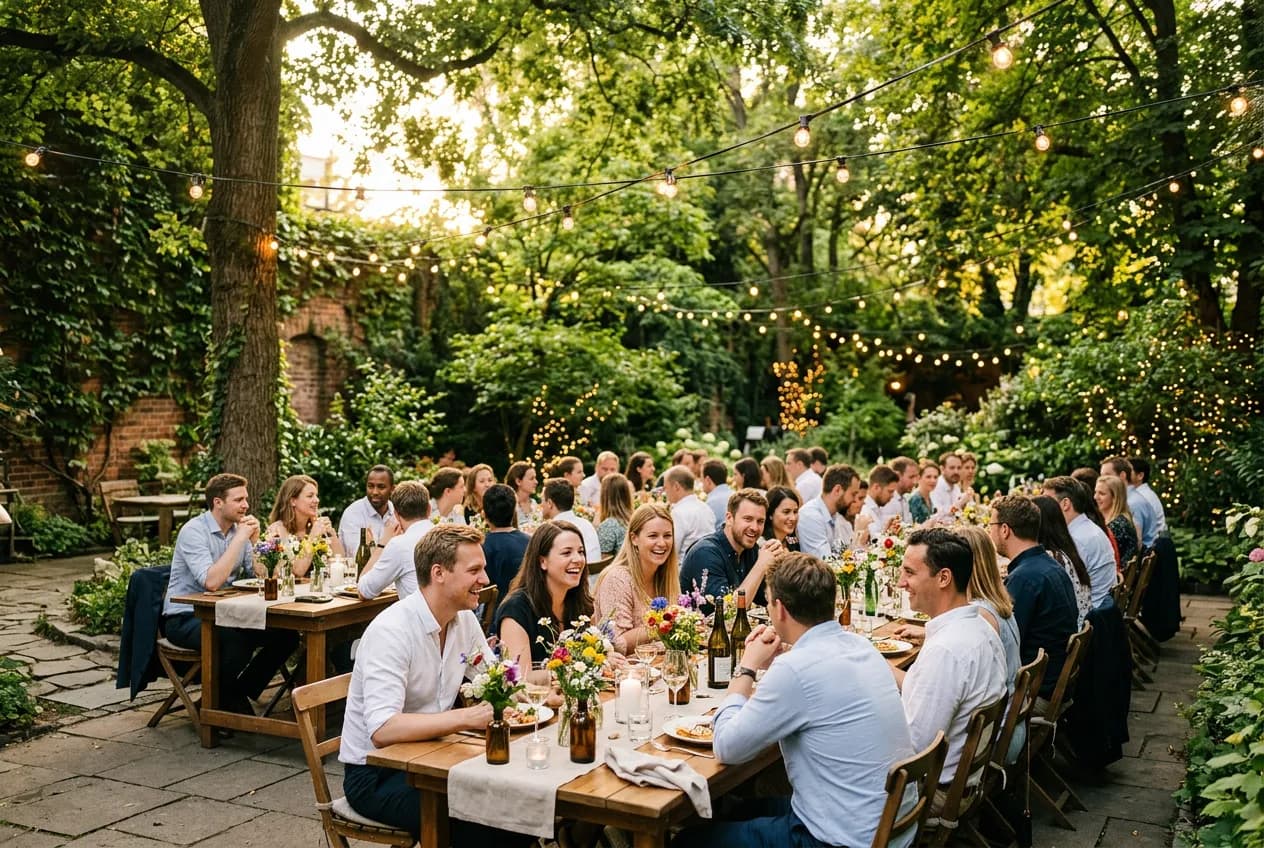 Outdoor garden event venue in Berlin with string lights and seated corporate guests
