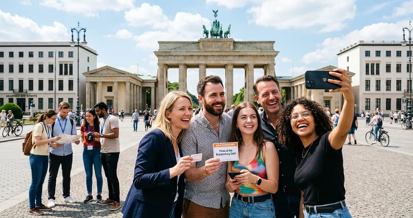 Corporate team taking a group selfie at Brandenburg Gate during a Berlin photo rally