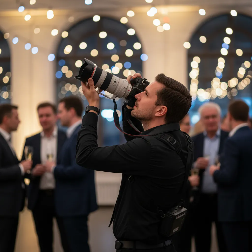 Event photographer in action capturing candid moments at a Berlin corporate event