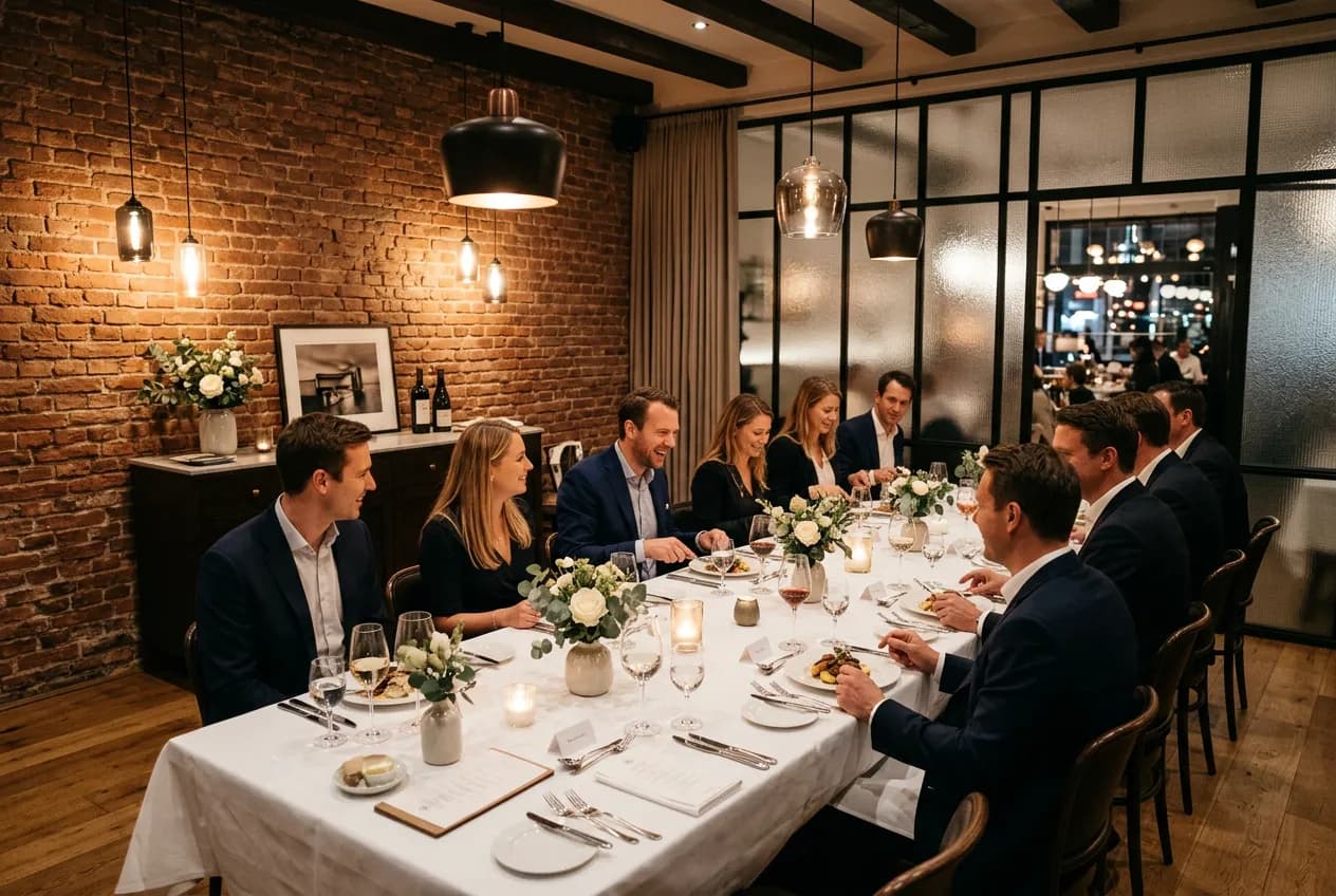 Private dining room in a Berlin restaurant set up for a corporate dinner event