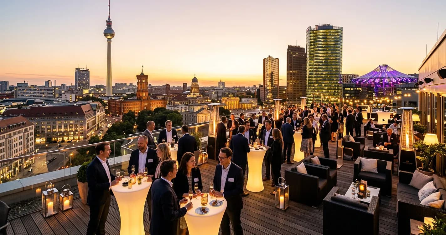 Rooftop event venue in Berlin with city skyline view at sunset