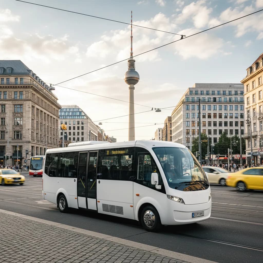 Modern shuttle minibus for corporate team transfer in Berlin with city backdrop