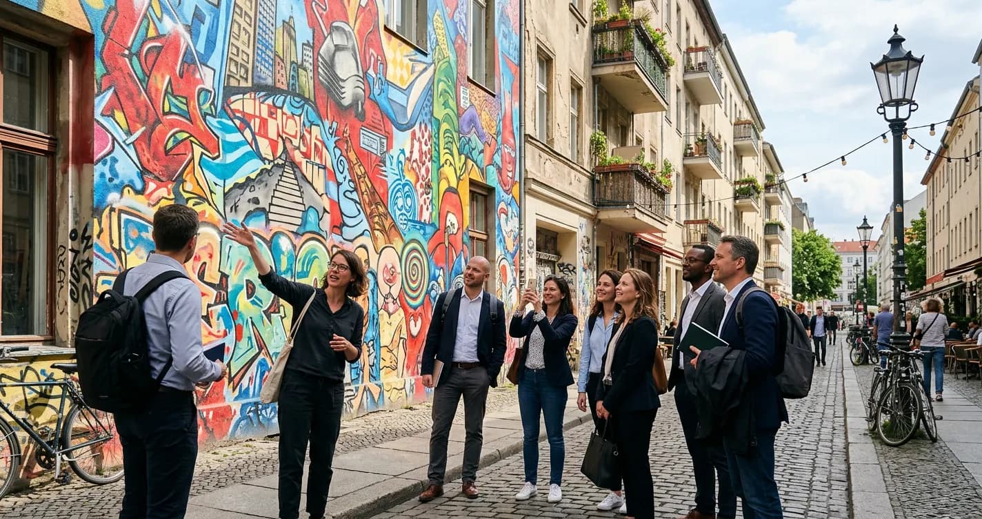 Guided street art tour group viewing a large mural in Berlin Kreuzberg