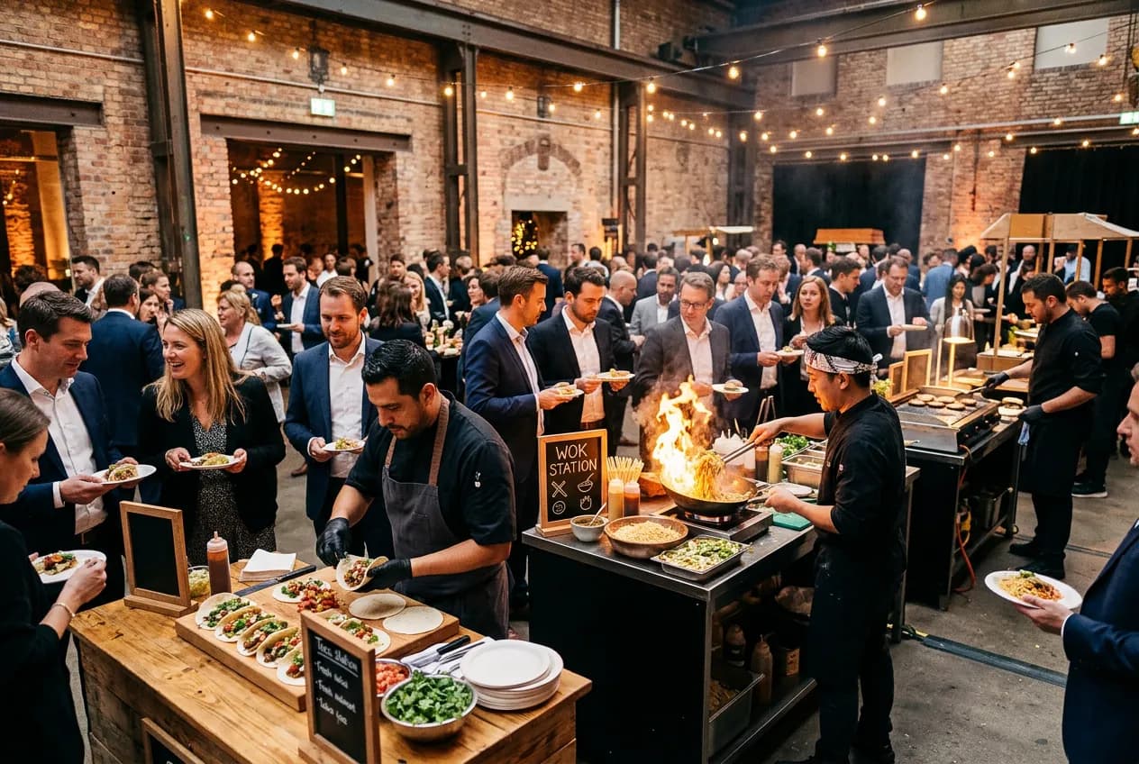 Streetfood stations with tacos and Asian bowls at a corporate event in Berlin