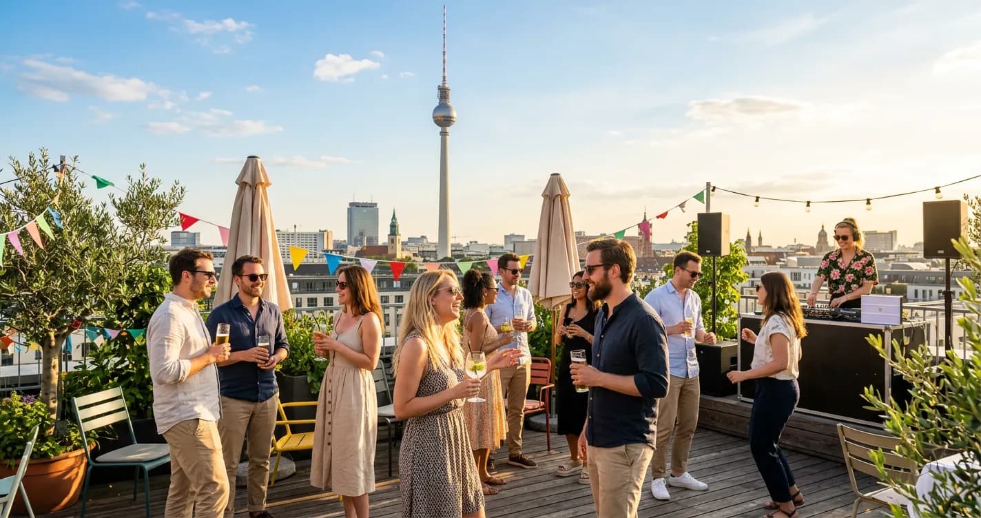 Corporate summer party on a Berlin rooftop with drinks and team enjoying the sun