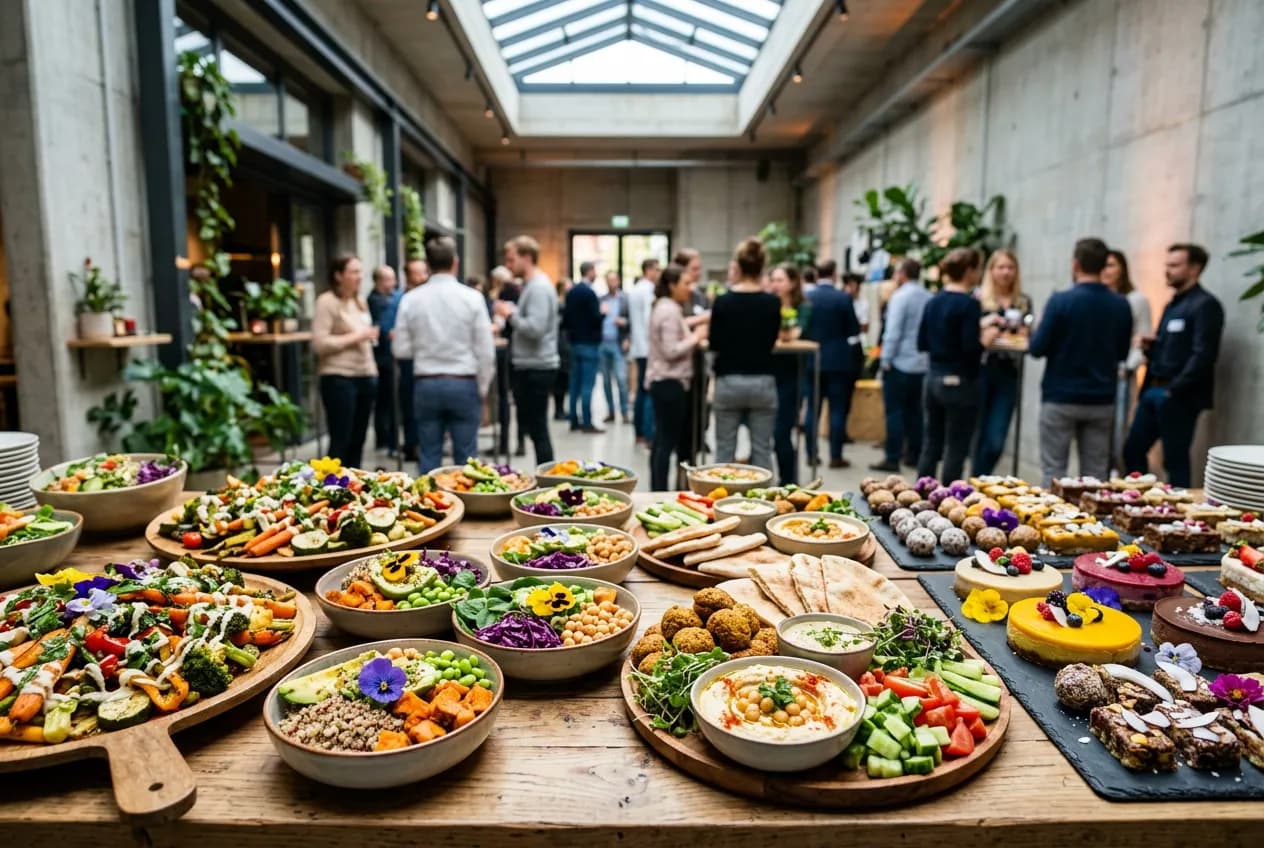 Colorful vegan catering buffet at a team event in Berlin with plant-based dishes