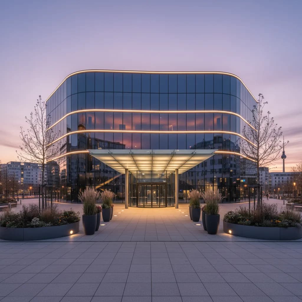 Modern conference hotel exterior in Berlin with glass facade and contemporary architecture