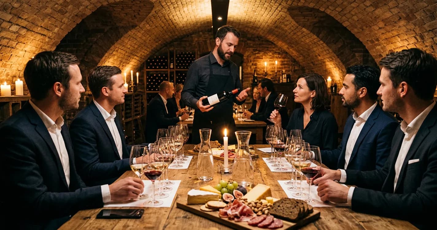 Corporate group at a wine tasting event in a Berlin cellar with sommelier presenting