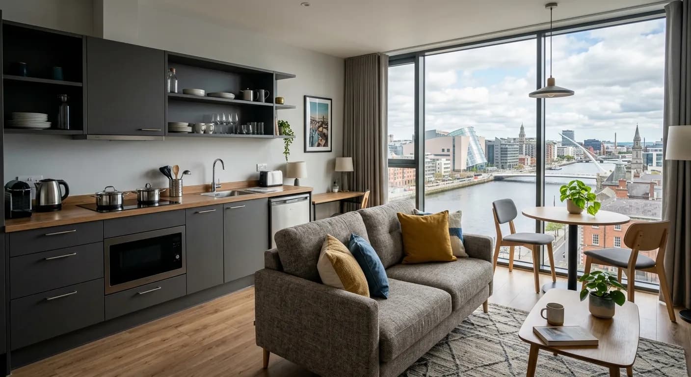 Modern aparthotel apartment in Dublin with kitchenette and living area for corporate team stays