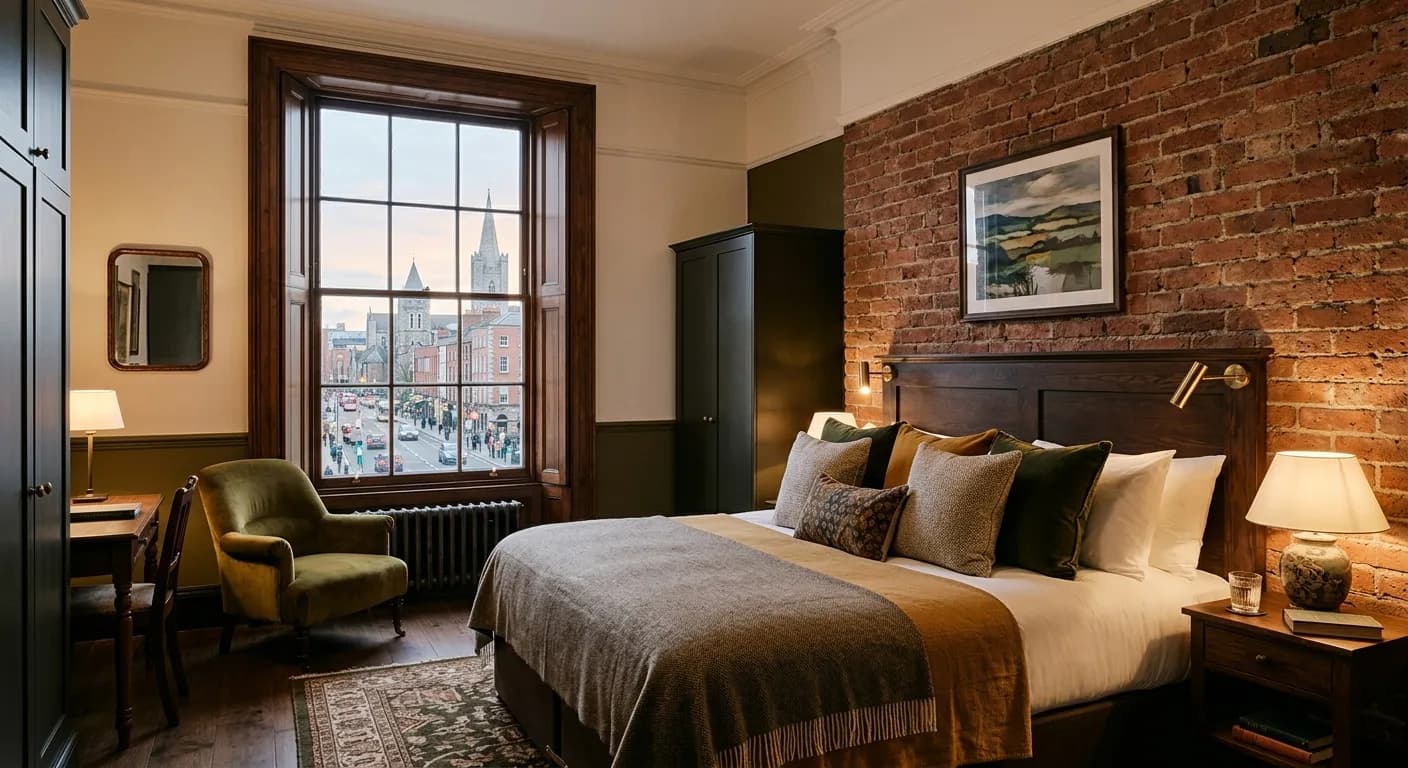 Boutique hotel lobby in Dublin's Georgian Quarter with period design