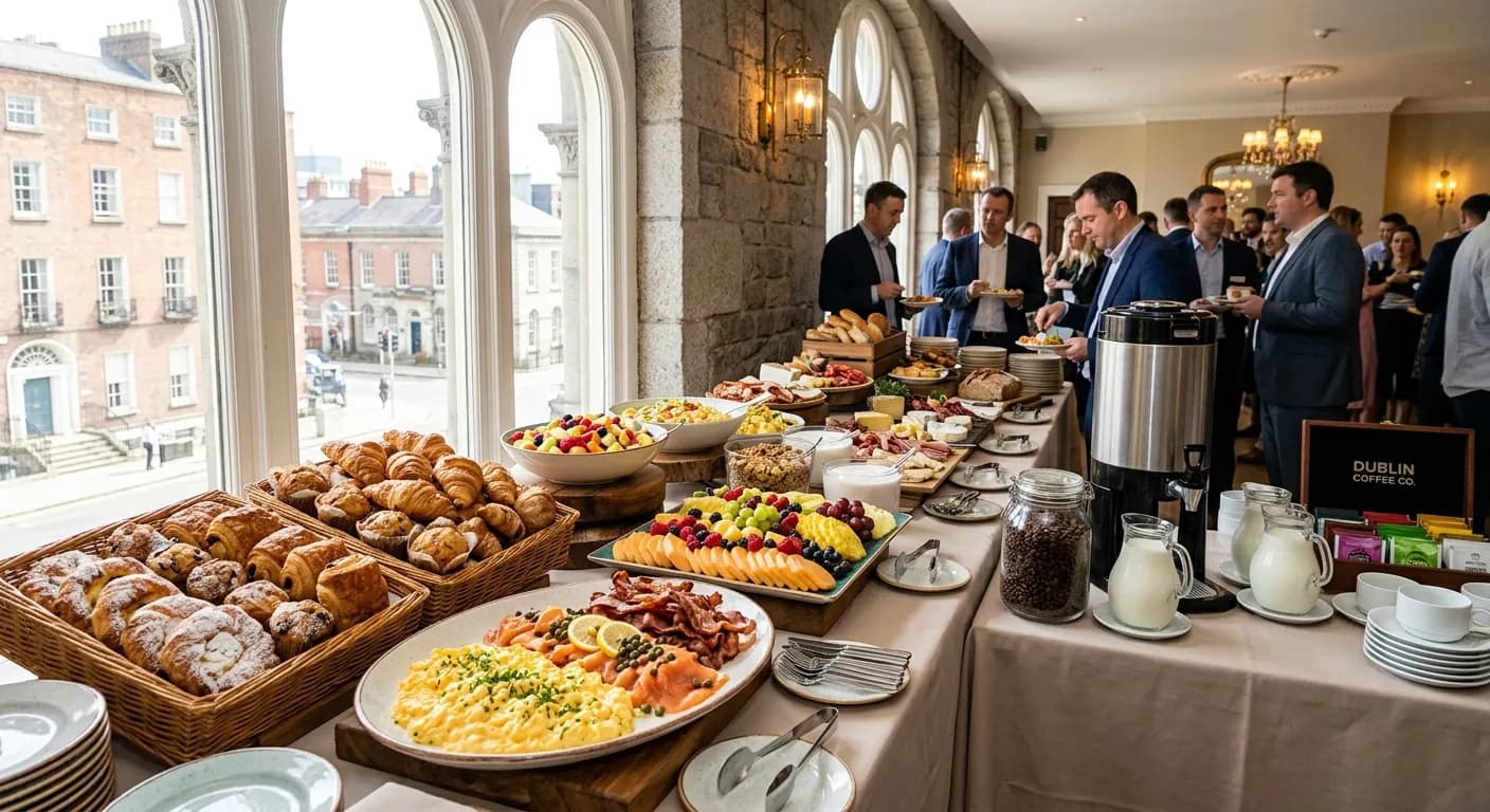 Full Irish breakfast and brunch catering spread at a corporate event in Dublin