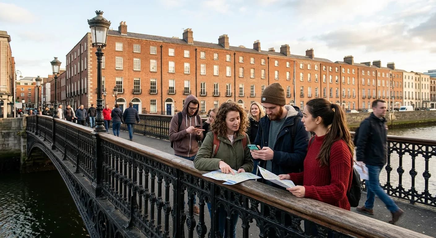 Corporate team completing a photo challenge at Ha'penny Bridge during a Dublin city rally