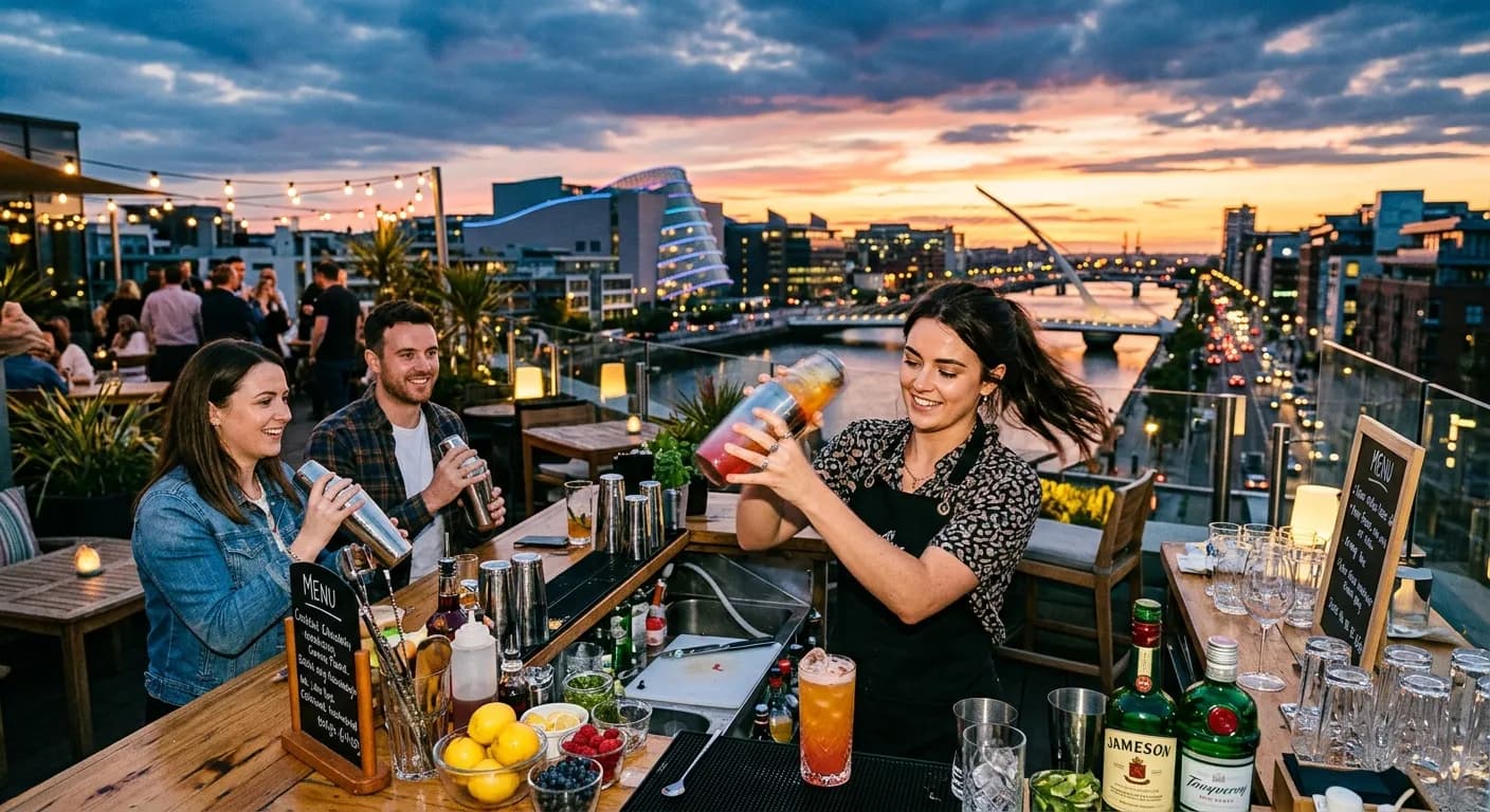 Corporate team mixing Irish whiskey cocktails at a Dublin cocktail workshop
