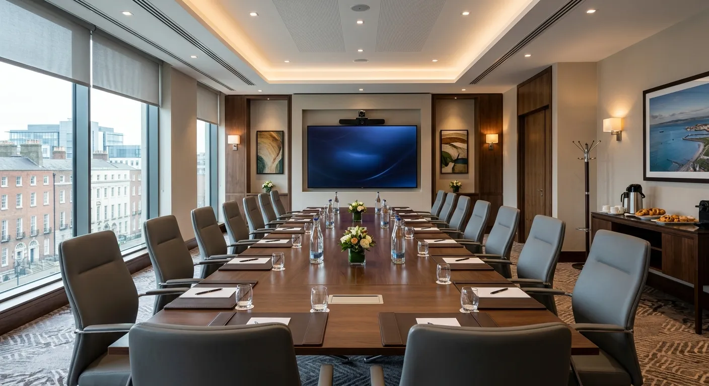 Conference hotel meeting room in Dublin with professional AV setup for corporate events