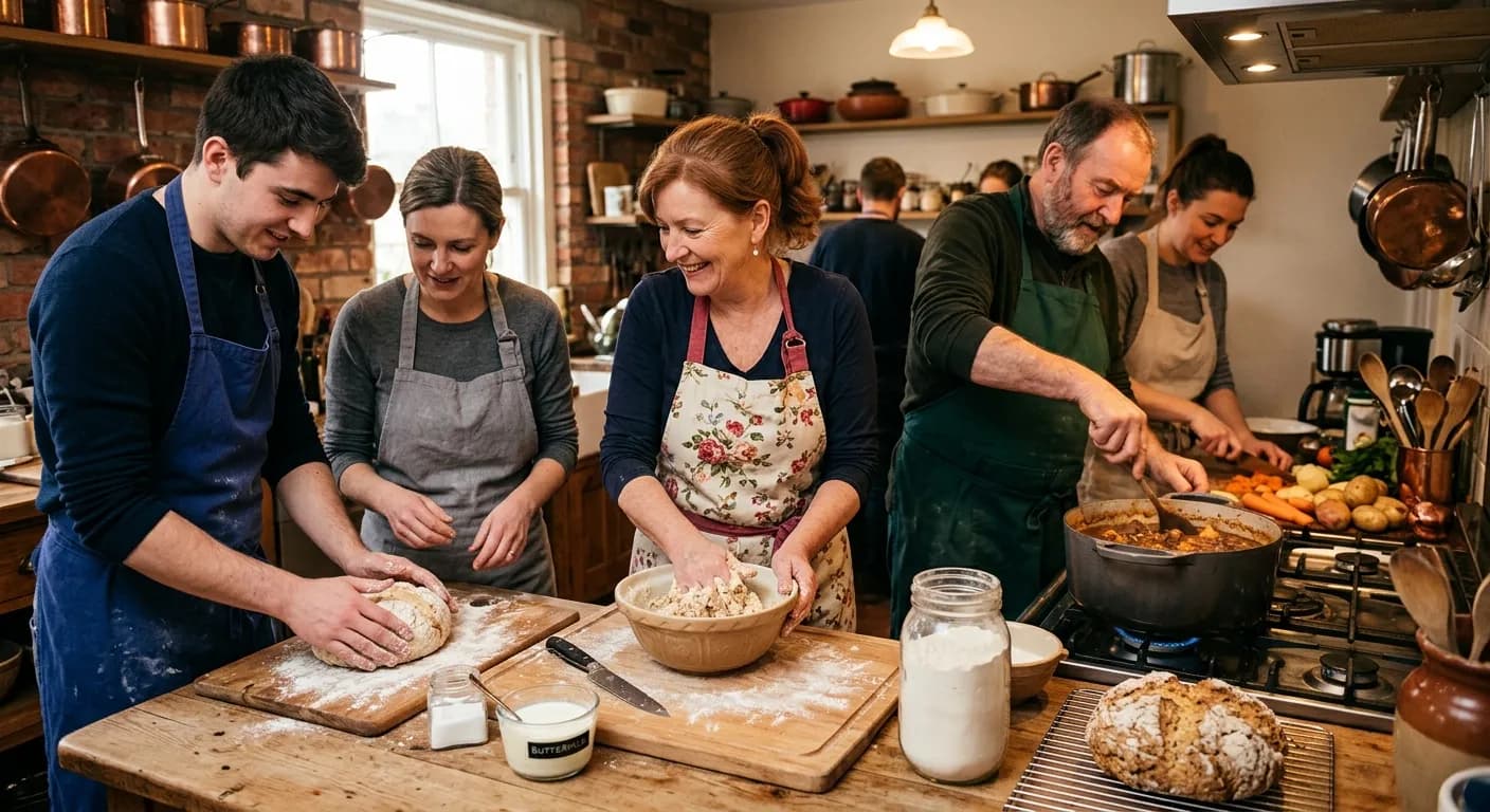 Corporate team in an Irish cooking class making soda bread and seafood chowder in Dublin