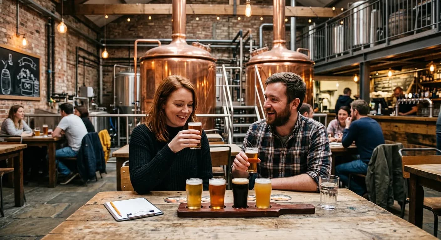 Corporate team enjoying a craft beer tasting flight at a Dublin taproom