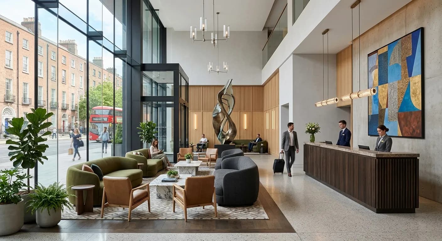 Design hotel rooftop bar in Dublin with panoramic city and mountain views