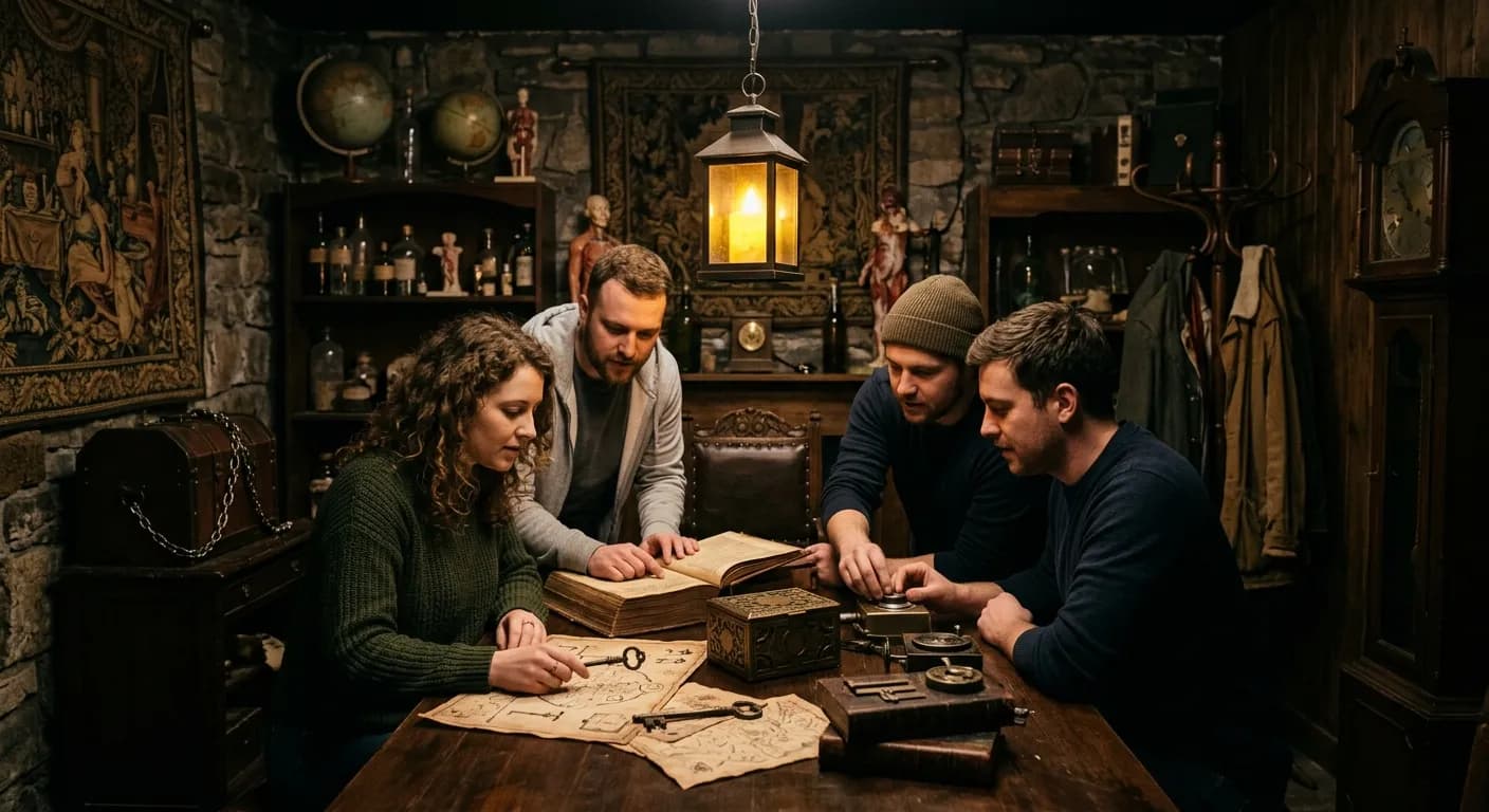 Corporate team solving puzzles in a Celtic-themed escape room in Dublin