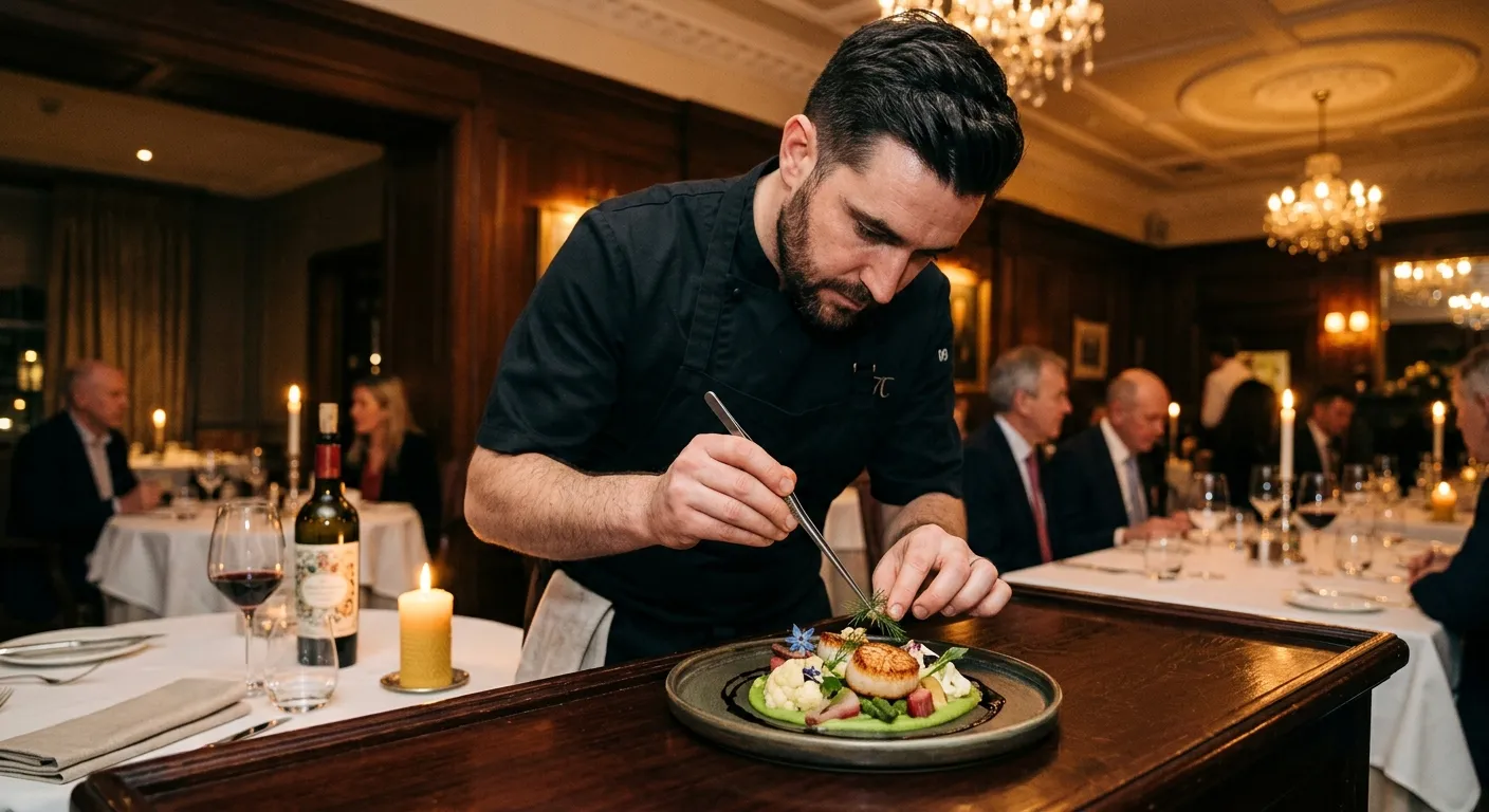 Private chef plating a modern Irish dish at a corporate dinner in Dublin
