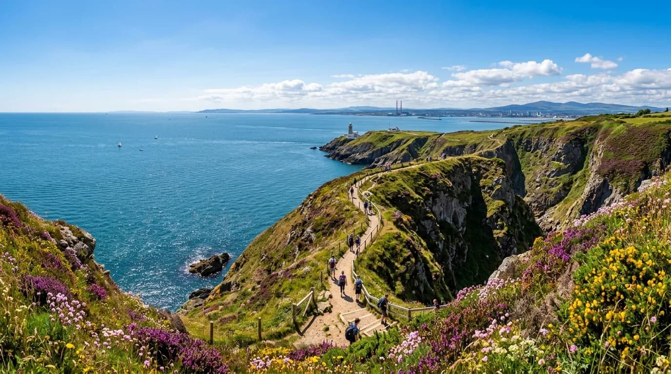 Corporate team walking the Howth cliff path with Dublin Bay panoramic views