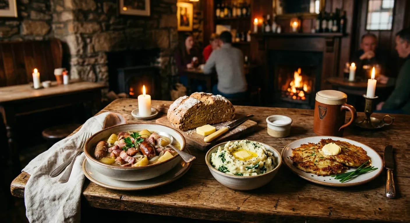 Irish traditional catering spread with stew, soda bread, and smoked salmon at a Dublin corporate event