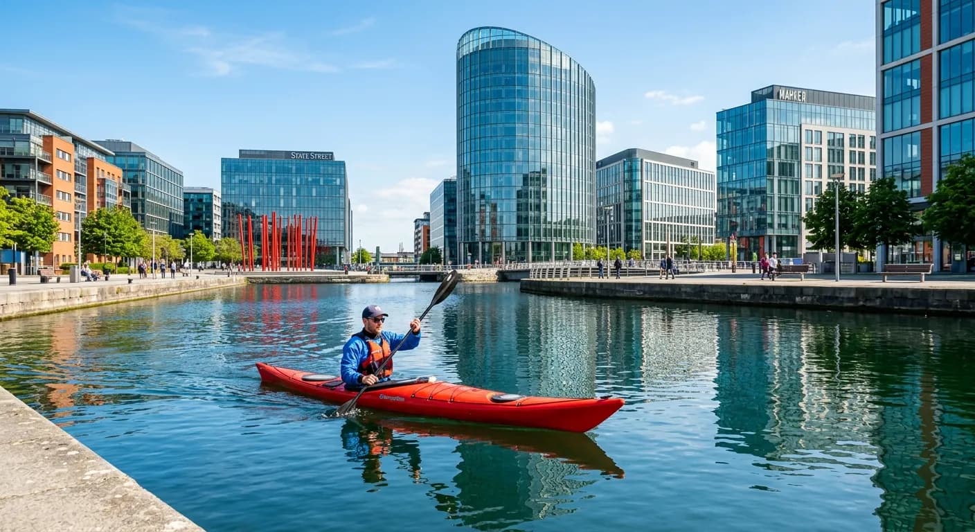 Corporate team kayaking on the Grand Canal in Dublin Silicon Docks area