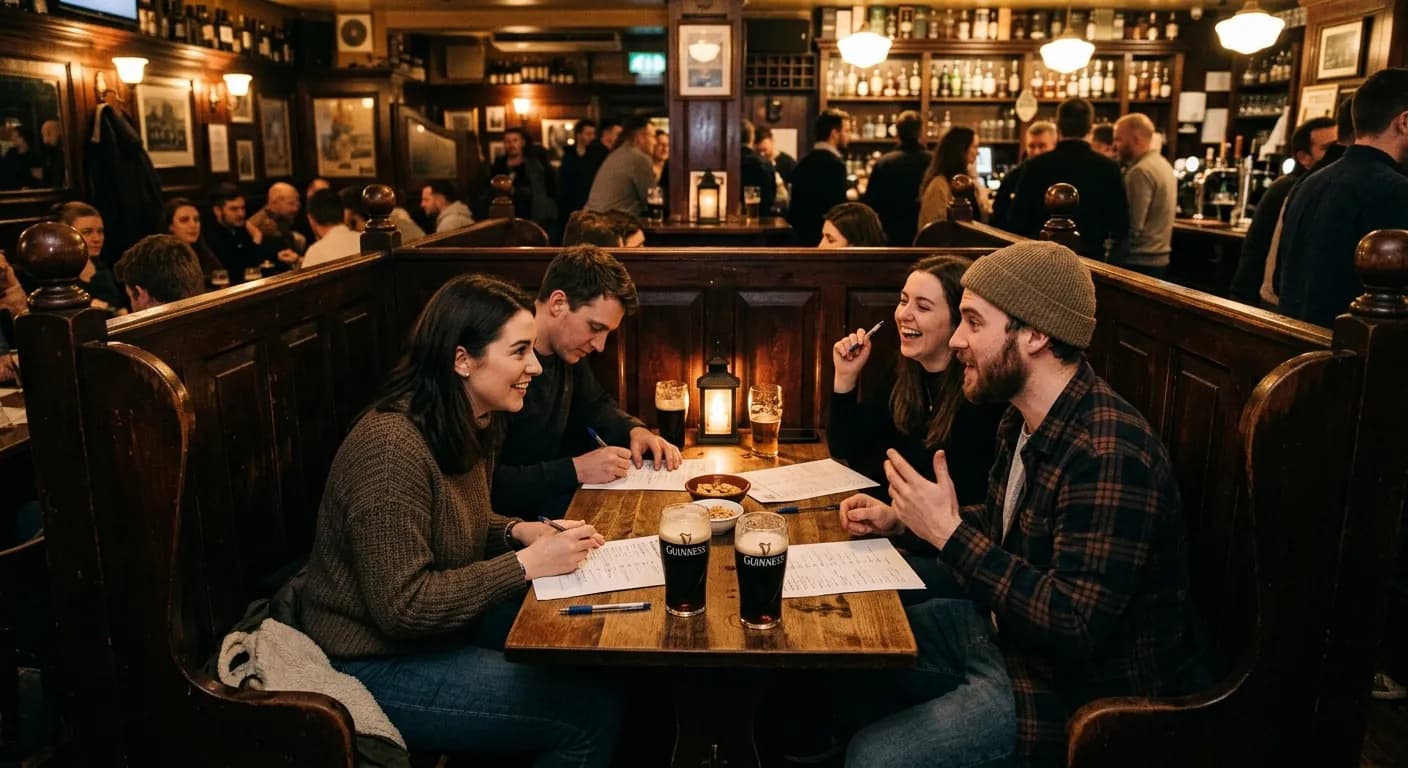 Corporate team enjoying a pub quiz at a Dublin pub with quizmaster and scorecards