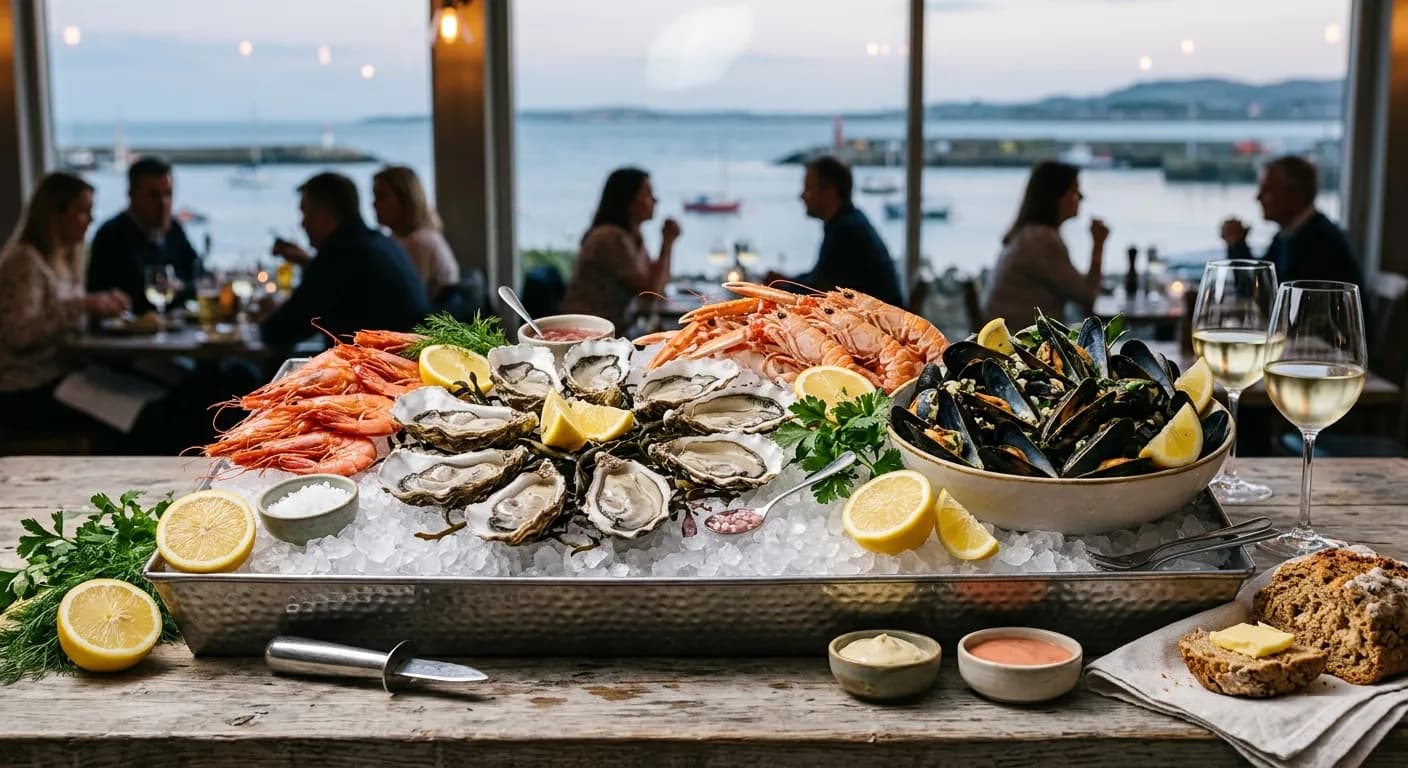 Dublin Bay seafood catering spread with prawns, oysters, and smoked salmon at a corporate event