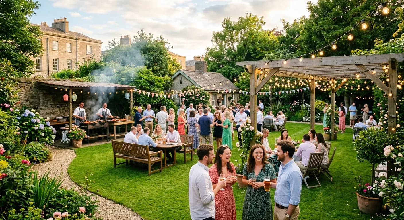 Corporate summer garden party in Dublin with BBQ and long evening light