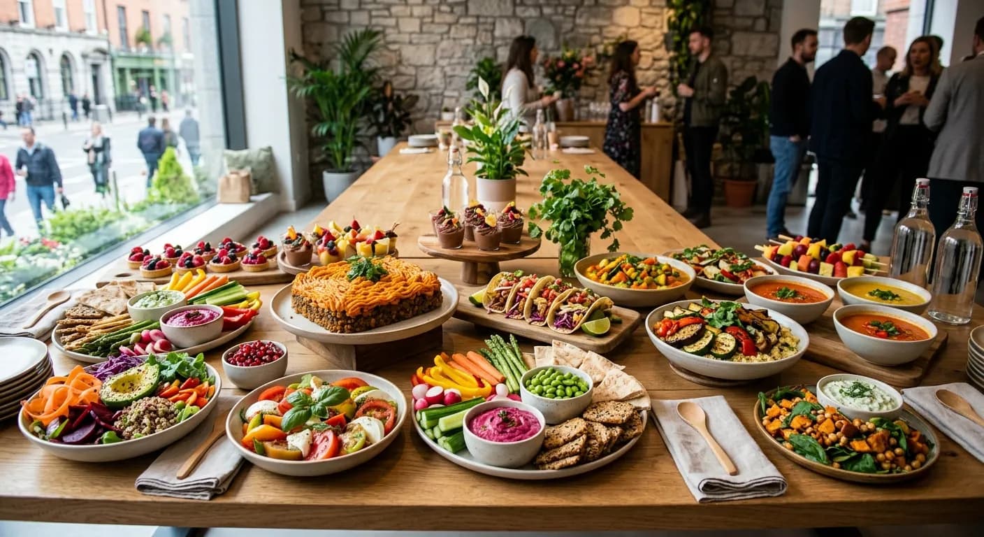 Colourful vegan and plant-based catering buffet at a corporate event in Dublin