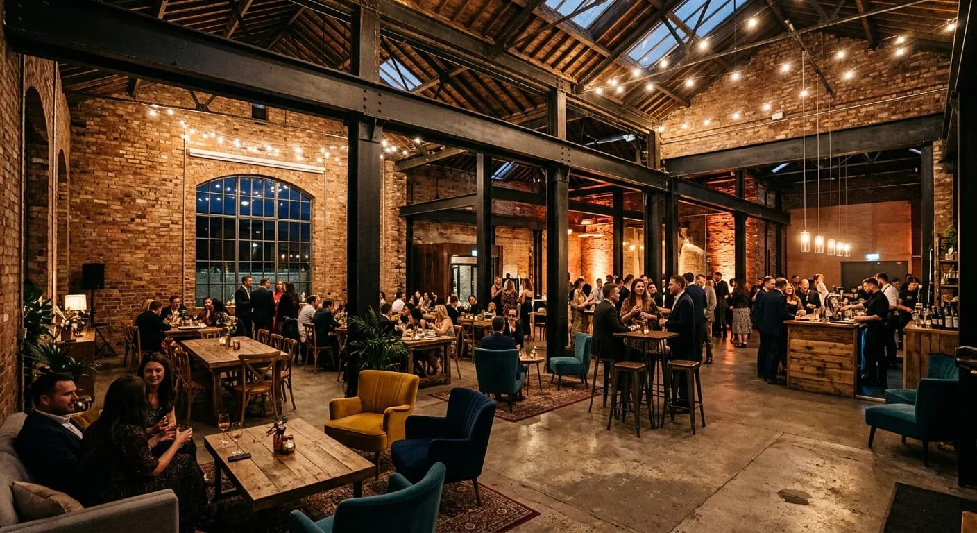 Industrial warehouse event space in Dublin with exposed brick and high ceilings