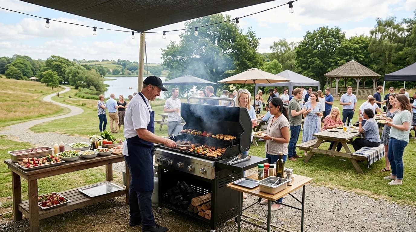 Corporate BBQ and grill buffet at an outdoor team event in Frankfurt along the Main river