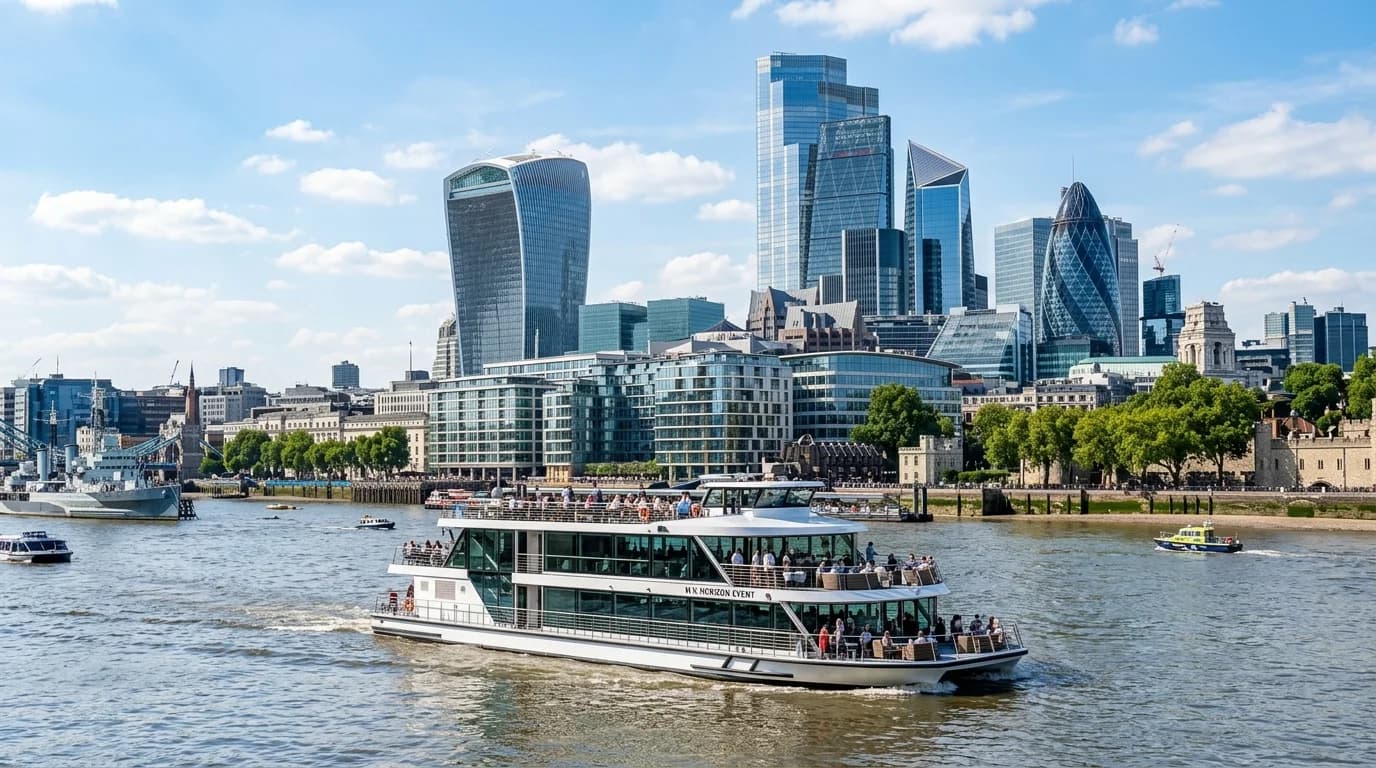 Team boat tour on the Main river in Frankfurt with the banking district skyline in the background