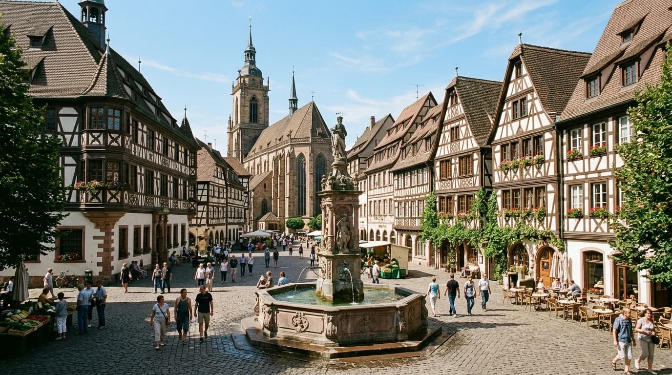 Team completing a city rally challenge at Römerberg square in Frankfurt
